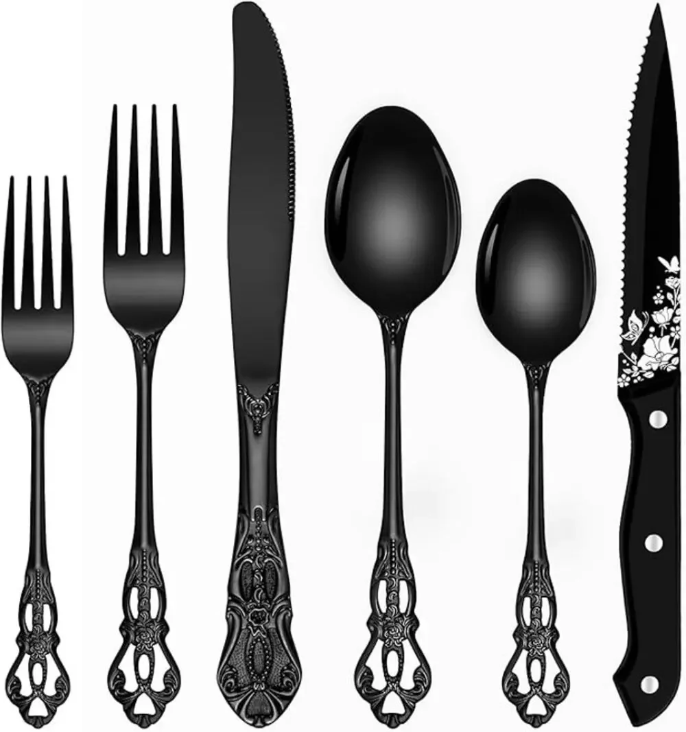 Black Silverware Set, Ollex 24 PCS Silverware Flatware Set for 4